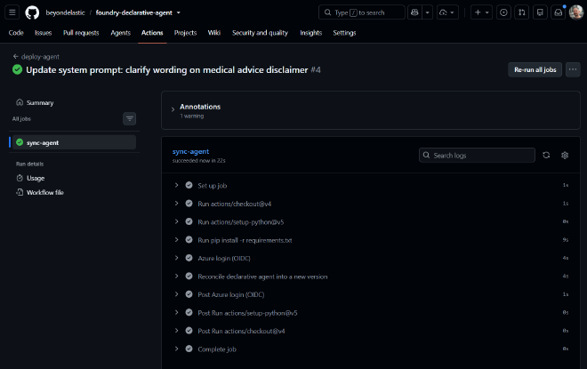 The deploy-agent GitHub Actions run creating a new agent version