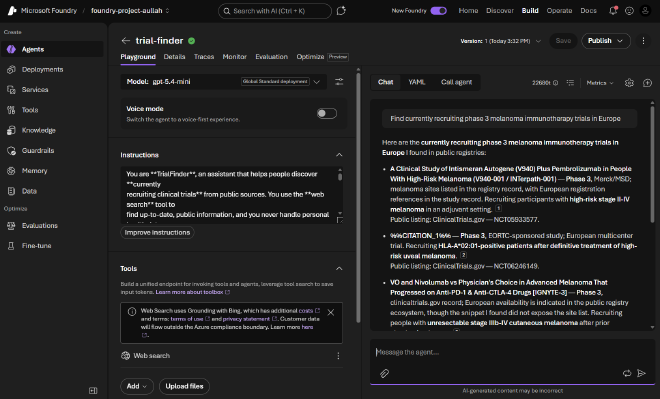 The TrialFinder agent answering a web-search query in the Foundry playground