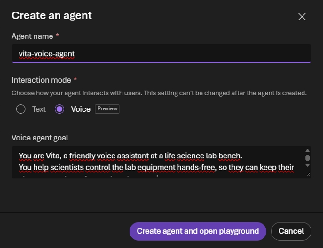 The Create an agent dialog in the Foundry portal with the agent name vita-voice-agent, Interaction mode set to Voice (Preview), and a voice agent goal describing Vita, the lab bench assistant