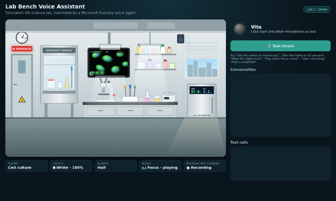 The simulated lab in the cell culture scene, with bright bench lights, half-closed blinds, the IN PROGRESS sign on, fluorescent cells on the microscope camera monitor, and an active recording