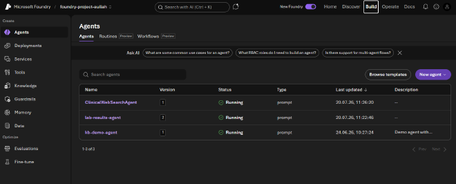 The Agents view listing agents and agent versions in the new portal